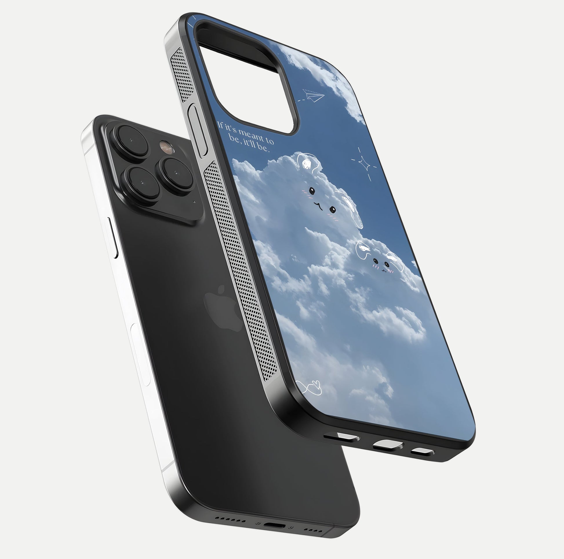 Cloud Bunny Dreams Glass Case for iPhone 15 Pro floating mockup showing soft gradient and gloss reflection