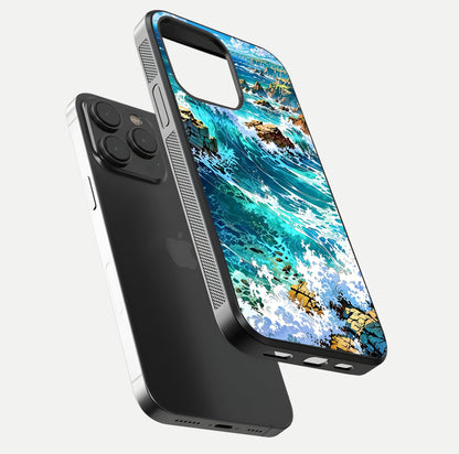 Coastal Blue Waves Glass Case for iPhone 15 Pro floating mockup showing HD reflection and wave details