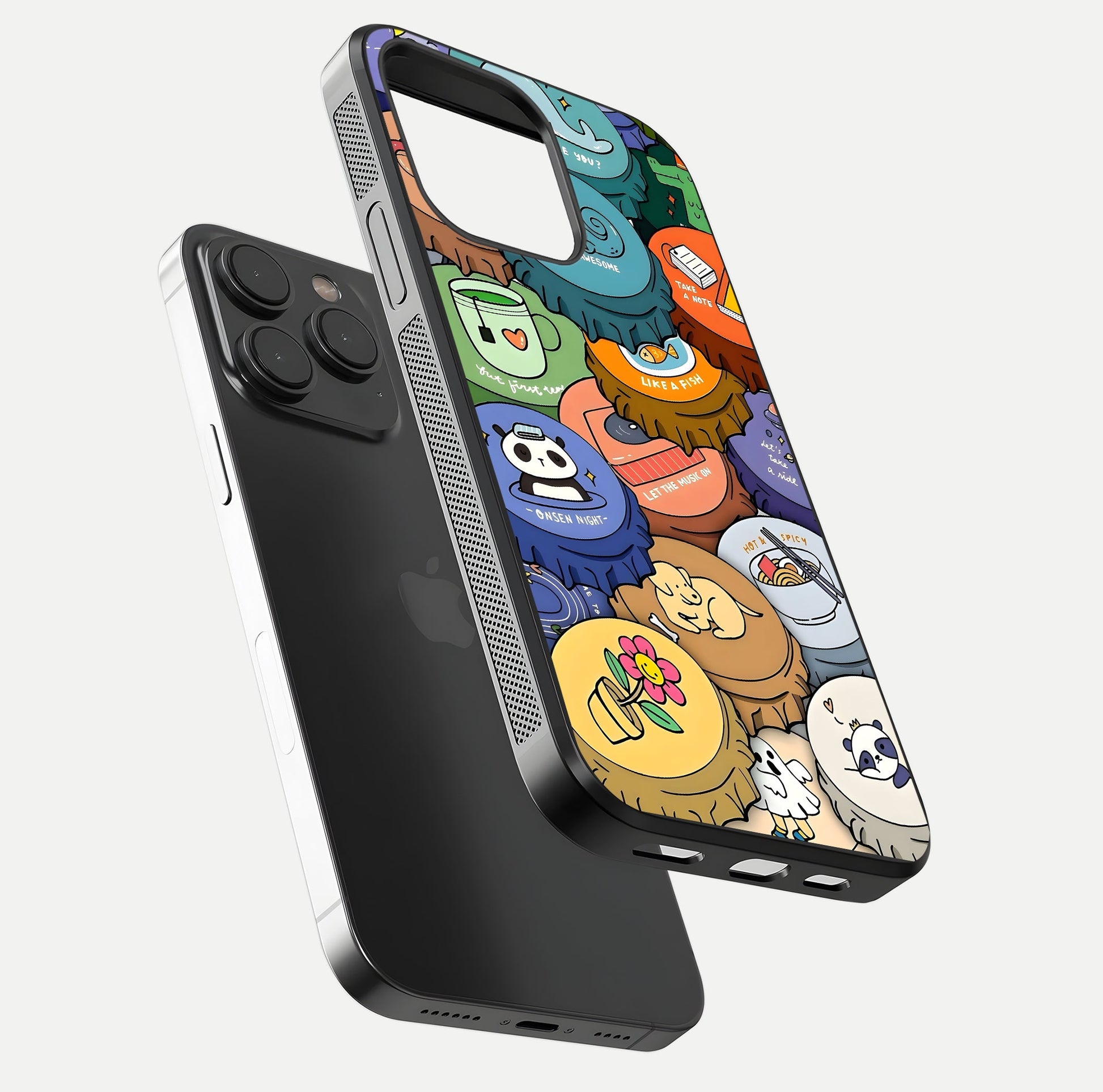 Coins Patterns Glass Case for iPhone 15 Pro floating mockup showing reflection depth and smooth tone