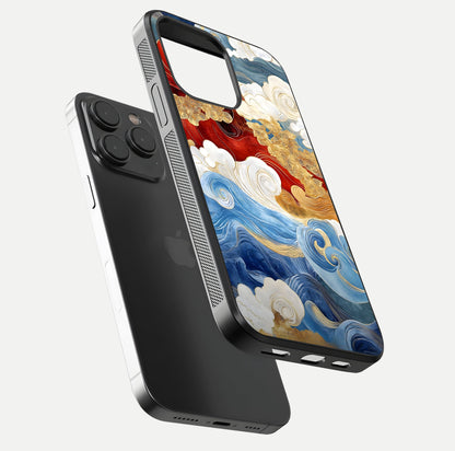 Colored Waves Glass Case for iPhone 15 Pro floating dual-view mockup displaying gloss finish and color contrast