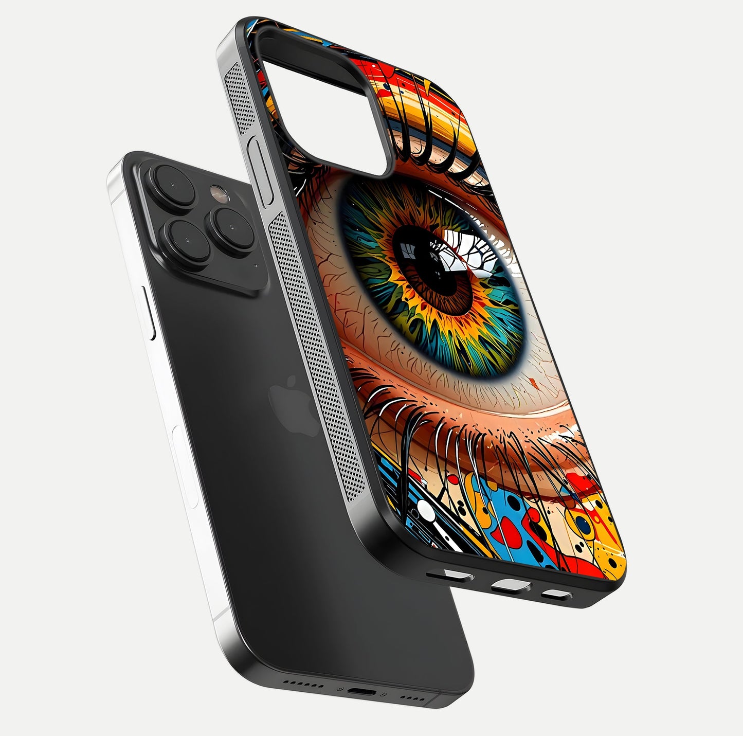 Colorful Eye Glass Case for iPhone 15 Pro floating mockup showing bright contrast and gloss clarity