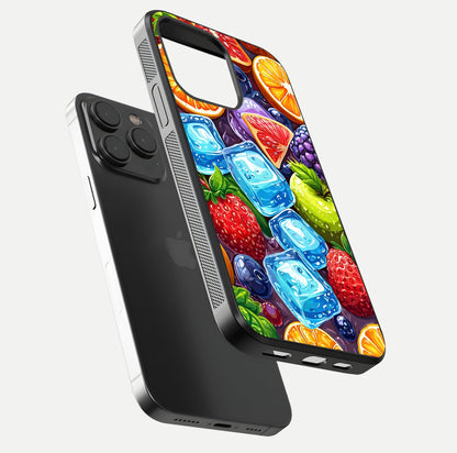 Colorful Fruits with Ice Glass Case for iPhone 15 Pro floating mockup showing bright shine and crystal clarity
