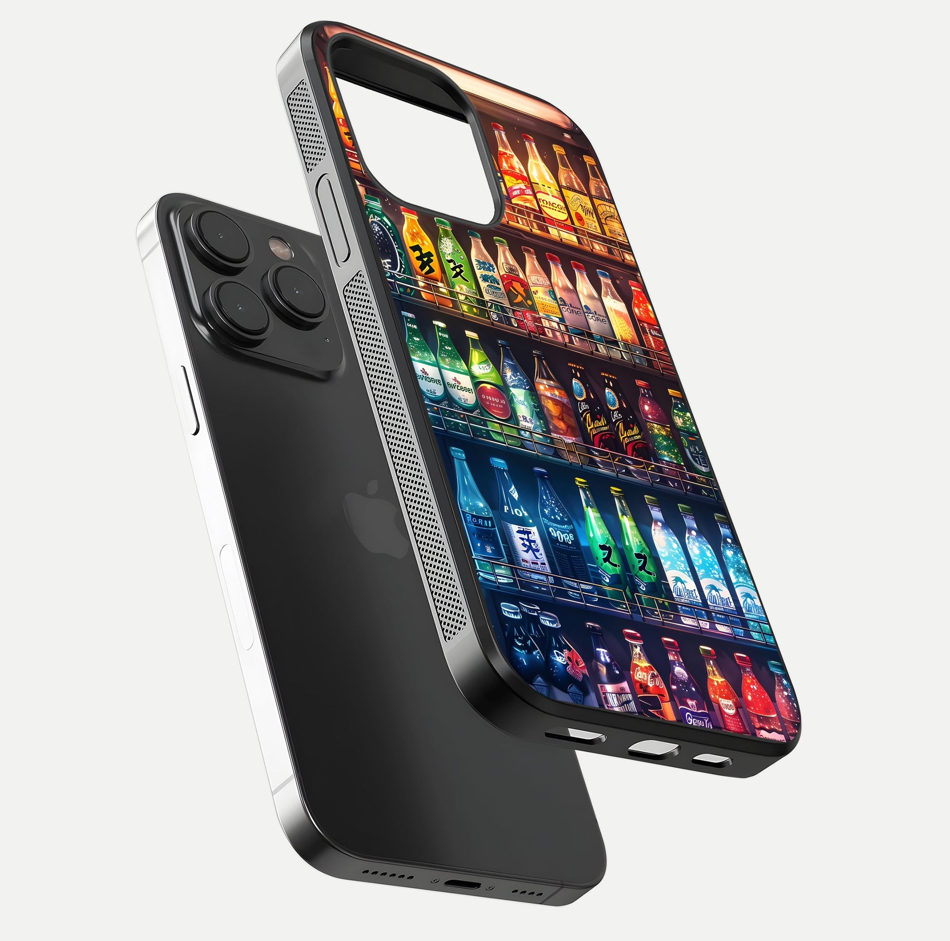 Colorful Soda Bottles Glass Case for iPhone 15 Pro floating mockup showing light reflection and bright gloss