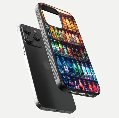 Colorful Soda Bottles Glass Case for iPhone 15 Pro floating mockup showing light reflection and bright gloss