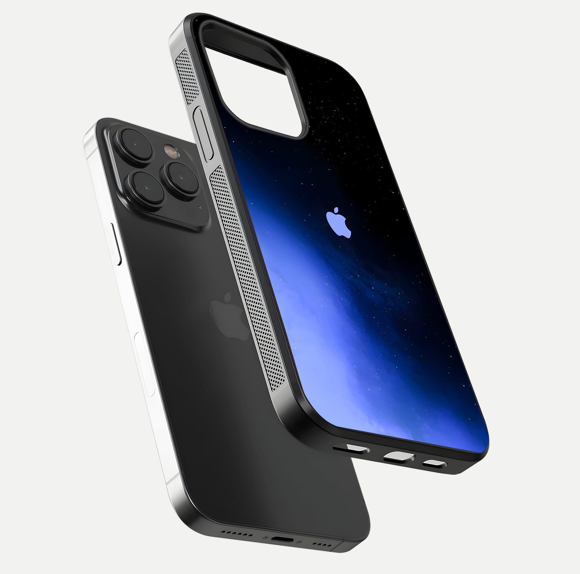 Cosmic Blue Apple Glass Case for iPhone 15 Pro floating mockup showing HD gloss and deep space gradient