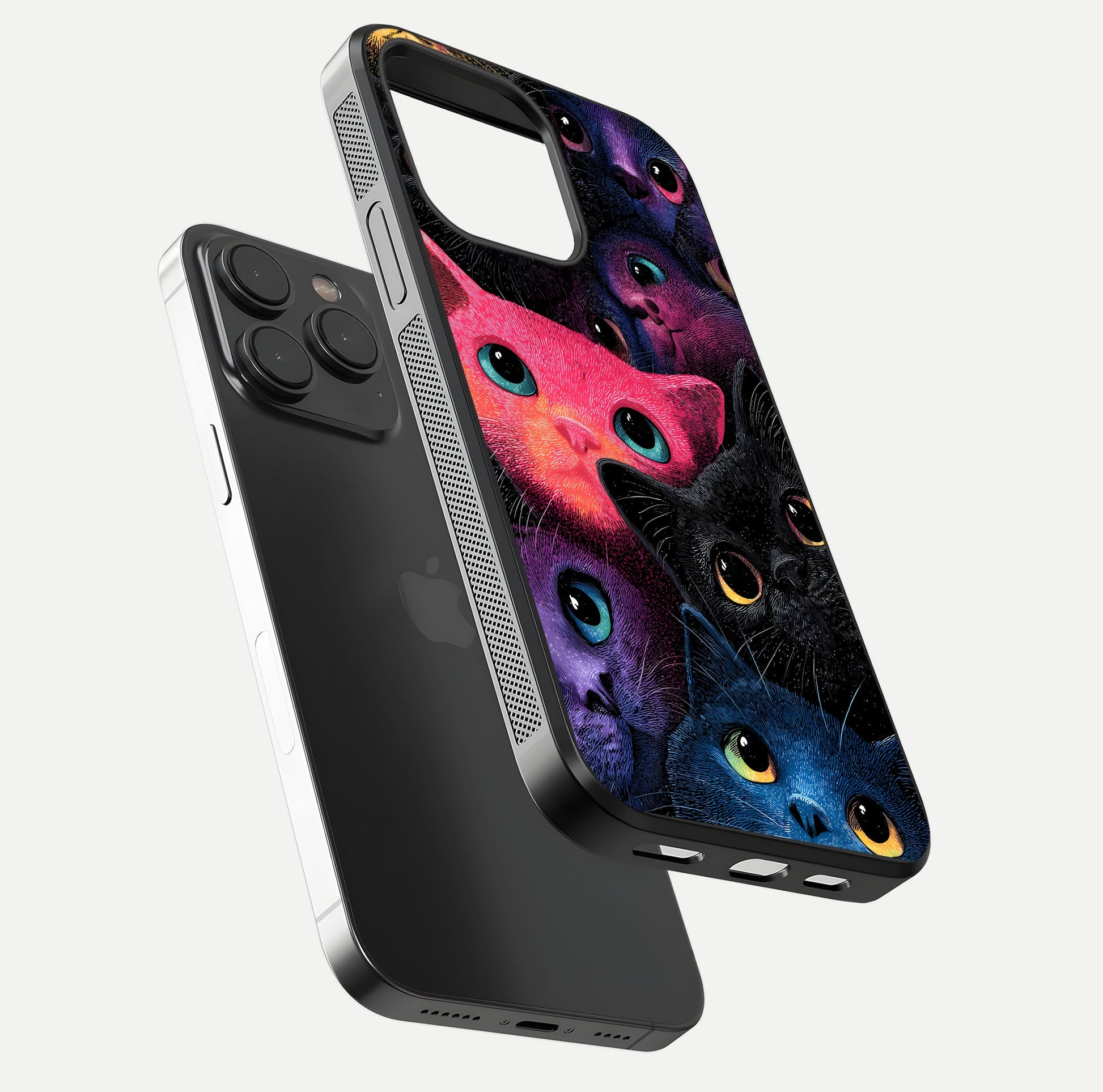 Cosmic Cats Dreams Glass Case for iPhone 15 Pro floating mockup showing star details and polish reflection