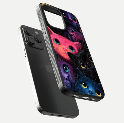 Cosmic Cats Dreams Glass Case for iPhone 15 Pro floating mockup showing star details and polish reflection