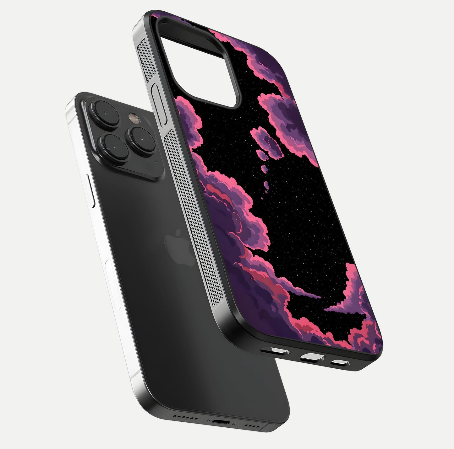 Cosmic Cloud Journey Glass Case for iPhone 15 Pro floating mockup showing HD gloss and cosmic gradient