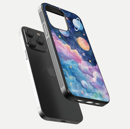 Cosmic Planet Dreams Glass Case for iPhone 15 Pro floating mockup showing HD gloss and cosmic reflection