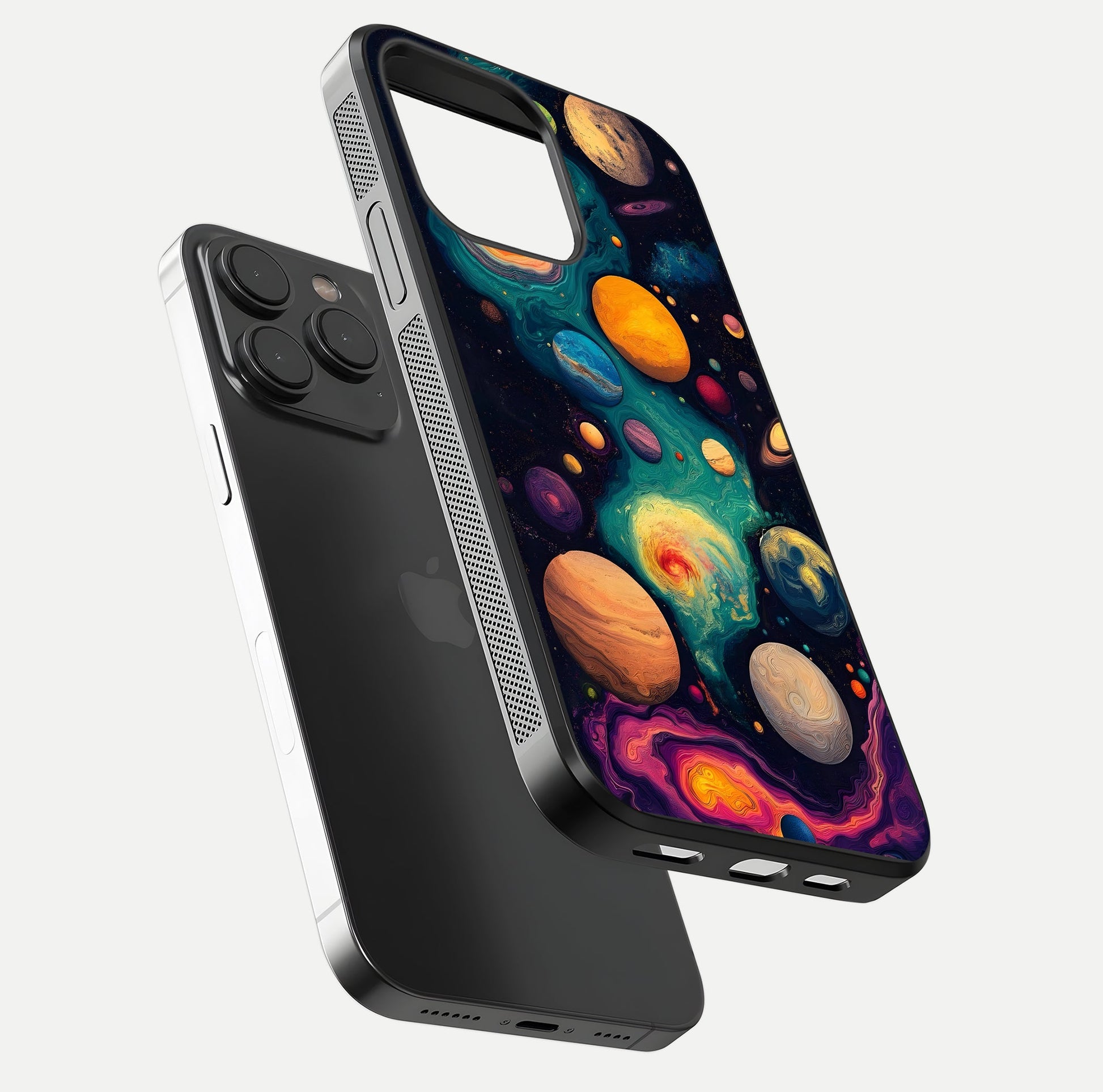 Cosmic Planet Journey Glass Case for iPhone 15 Pro floating mockup showing gloss gradient and deep shine