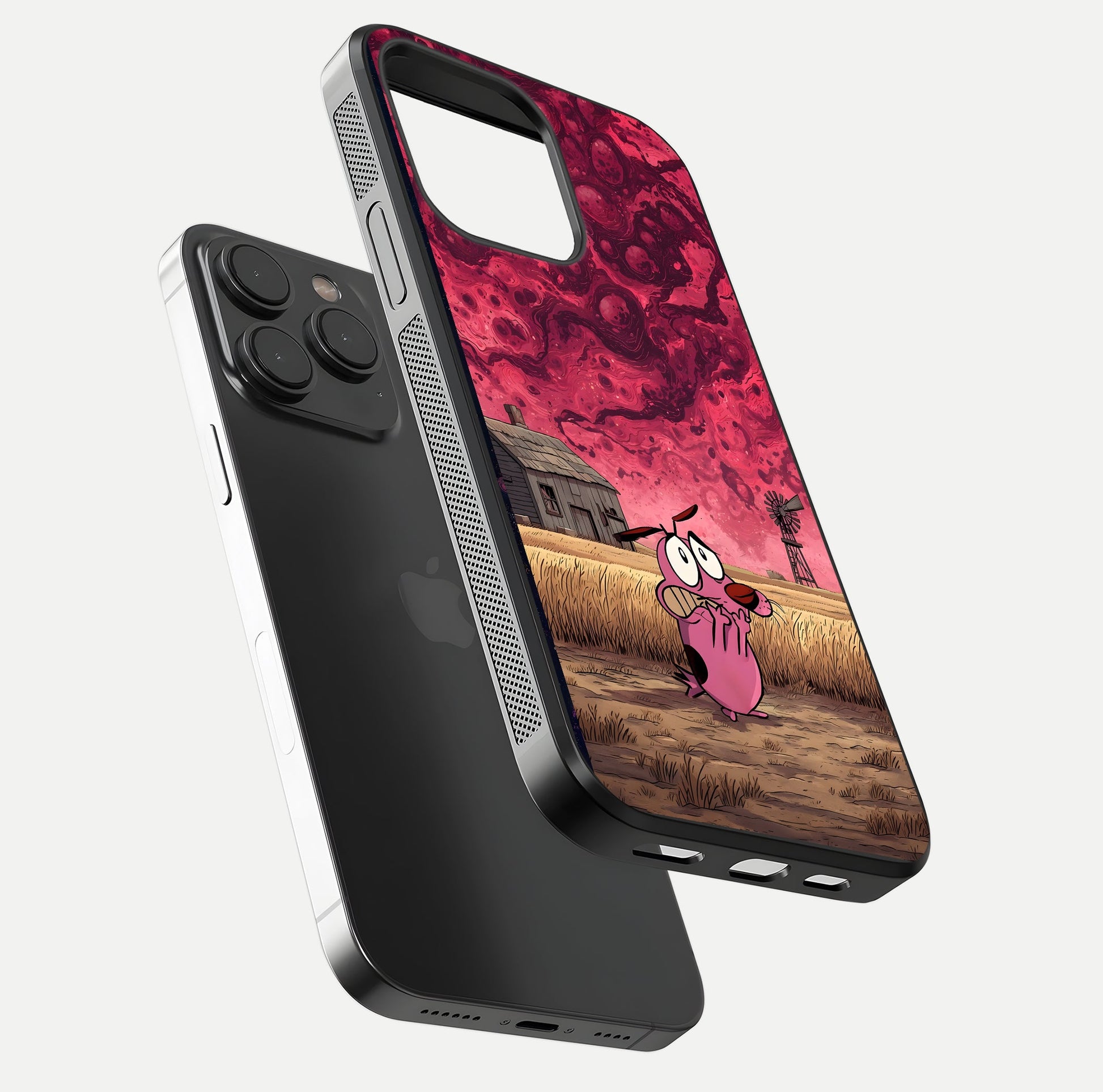 Courage Under Sky Glass Case for iPhone 15 Pro floating mockup showing shine reflection and clean edges