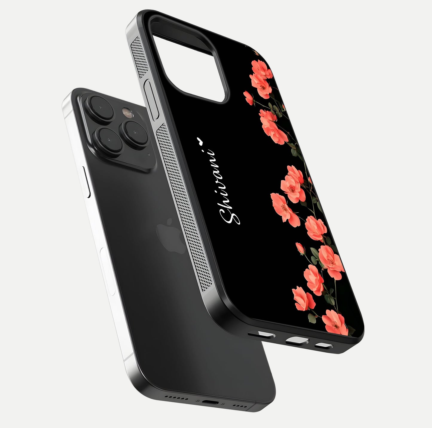 Crimson Bloom Grace Custom Name Glass Case for iPhone 15 Pro floating mockup showing HD gloss and floral tones