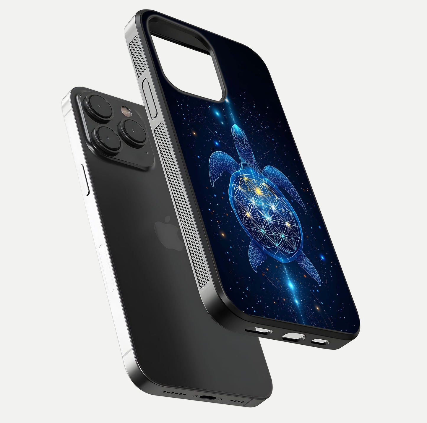 Crimson Blue Turtle Glass Case for iPhone 15 Pro floating mockup showing reflection polish and deep hues