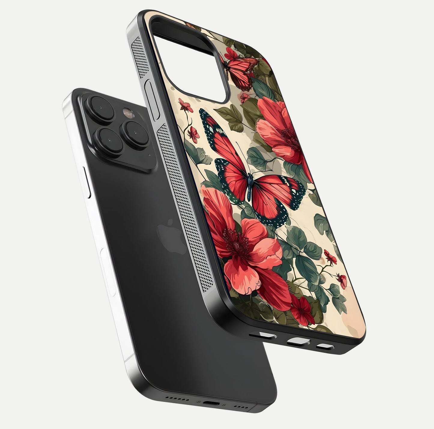 Crimson Butterfly Garden Glass Case for iPhone 15 Pro floating mockup showing HD gloss and vivid art