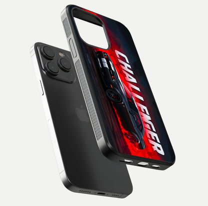 Crimson Challenger Fury Glass Case for iPhone 15 Pro floating mockup showing HD gloss and sleek shine