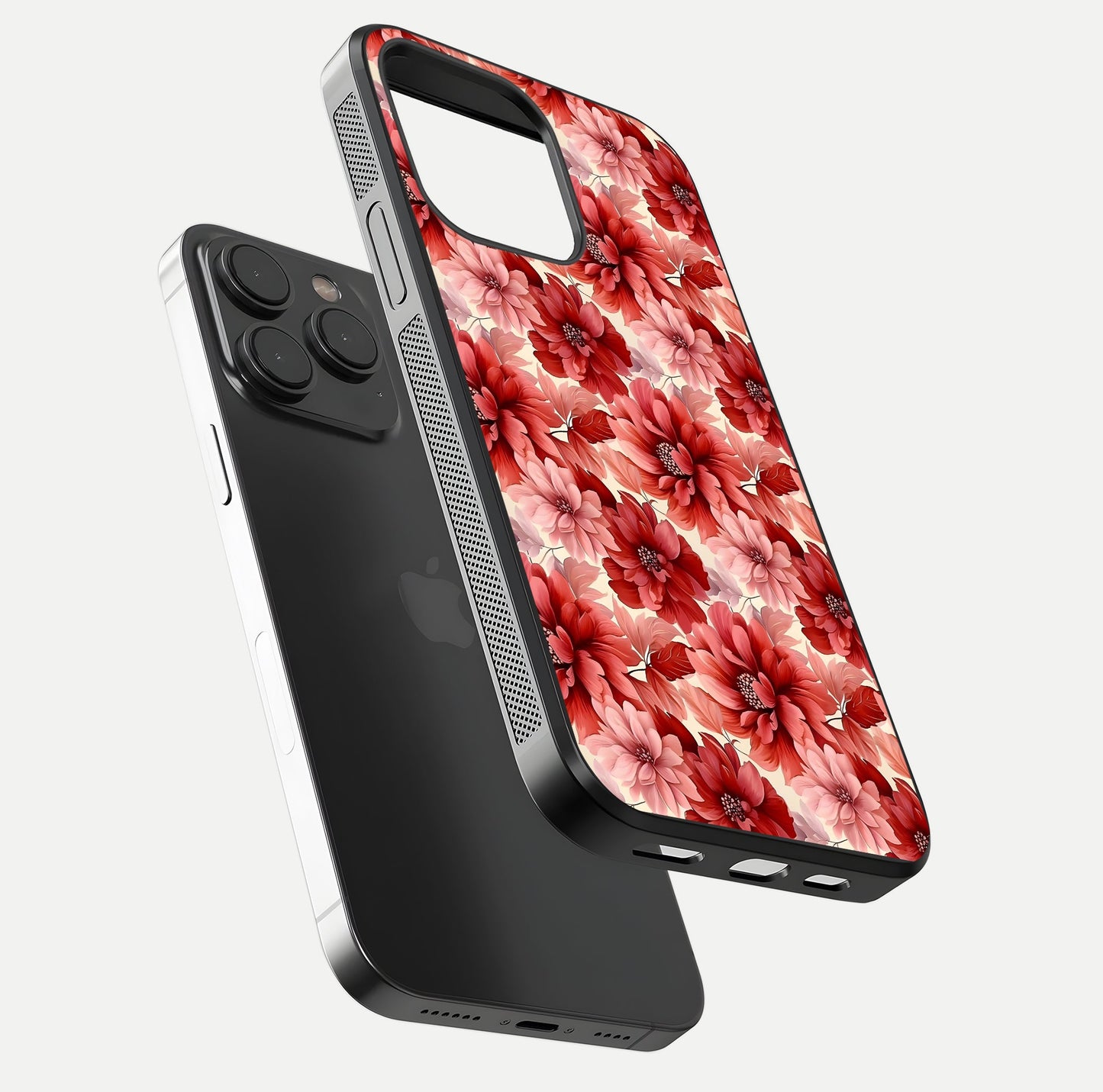 Crimson Love Petals Glass Case for iPhone 15 Pro floating mockup showing HD gloss and vivid detail