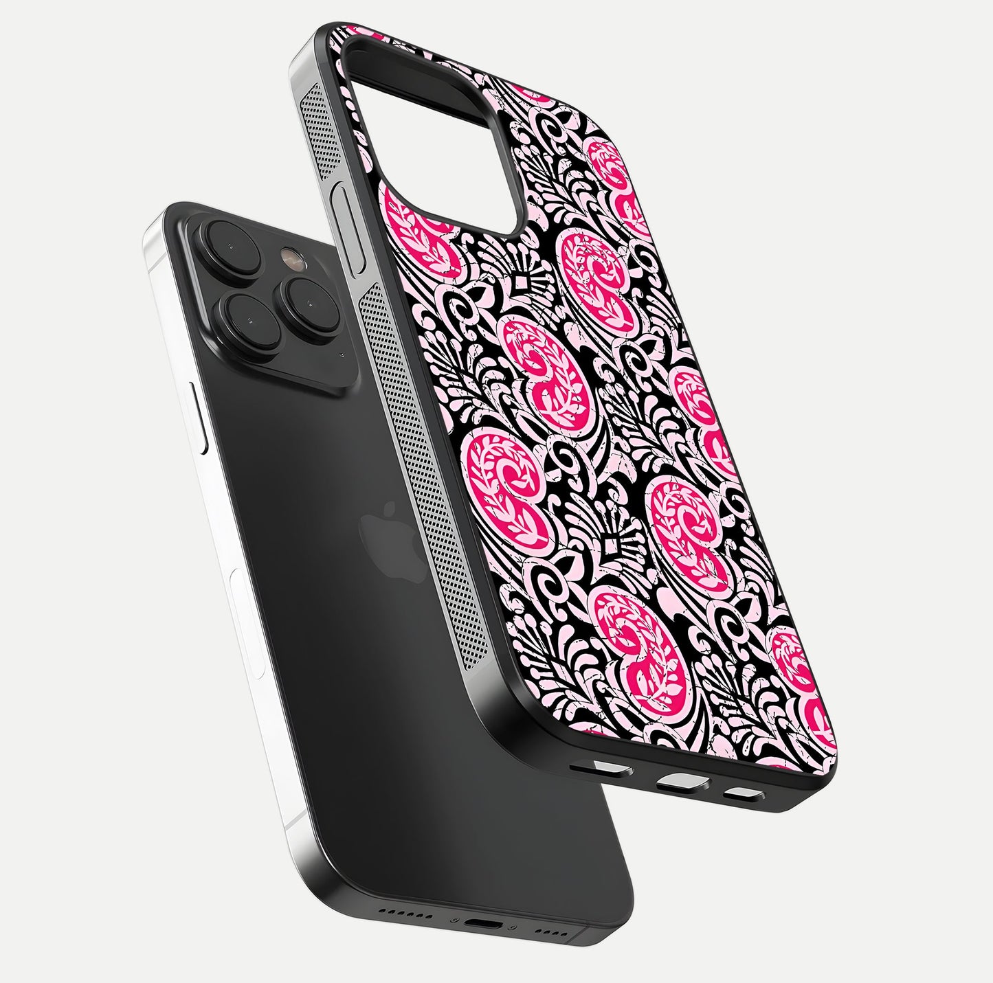 Crimson Paisley Charm Glass Case for iPhone 15 Pro floating mockup showing gloss shine and texture clarity
