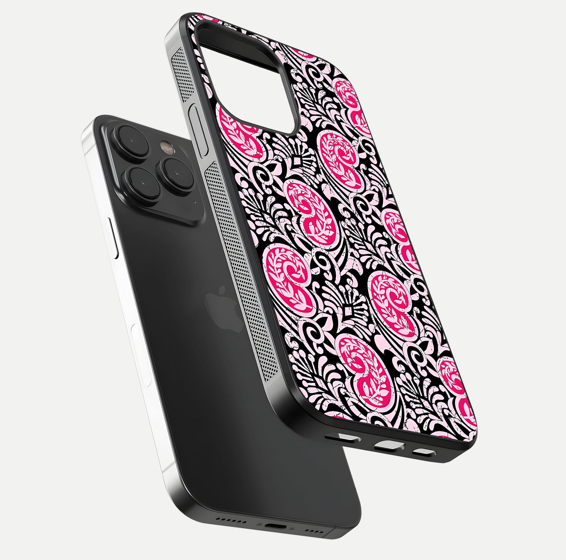Crimson Paisley Charm Glass Case for iPhone 15 Pro floating mockup showing gloss shine and texture clarity