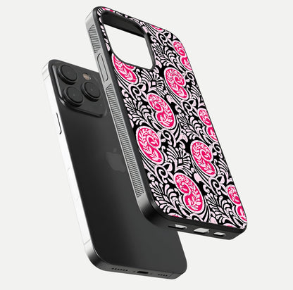 Crimson Paisley Charm Glass Case for iPhone 15 Pro floating mockup showing gloss shine and texture clarity