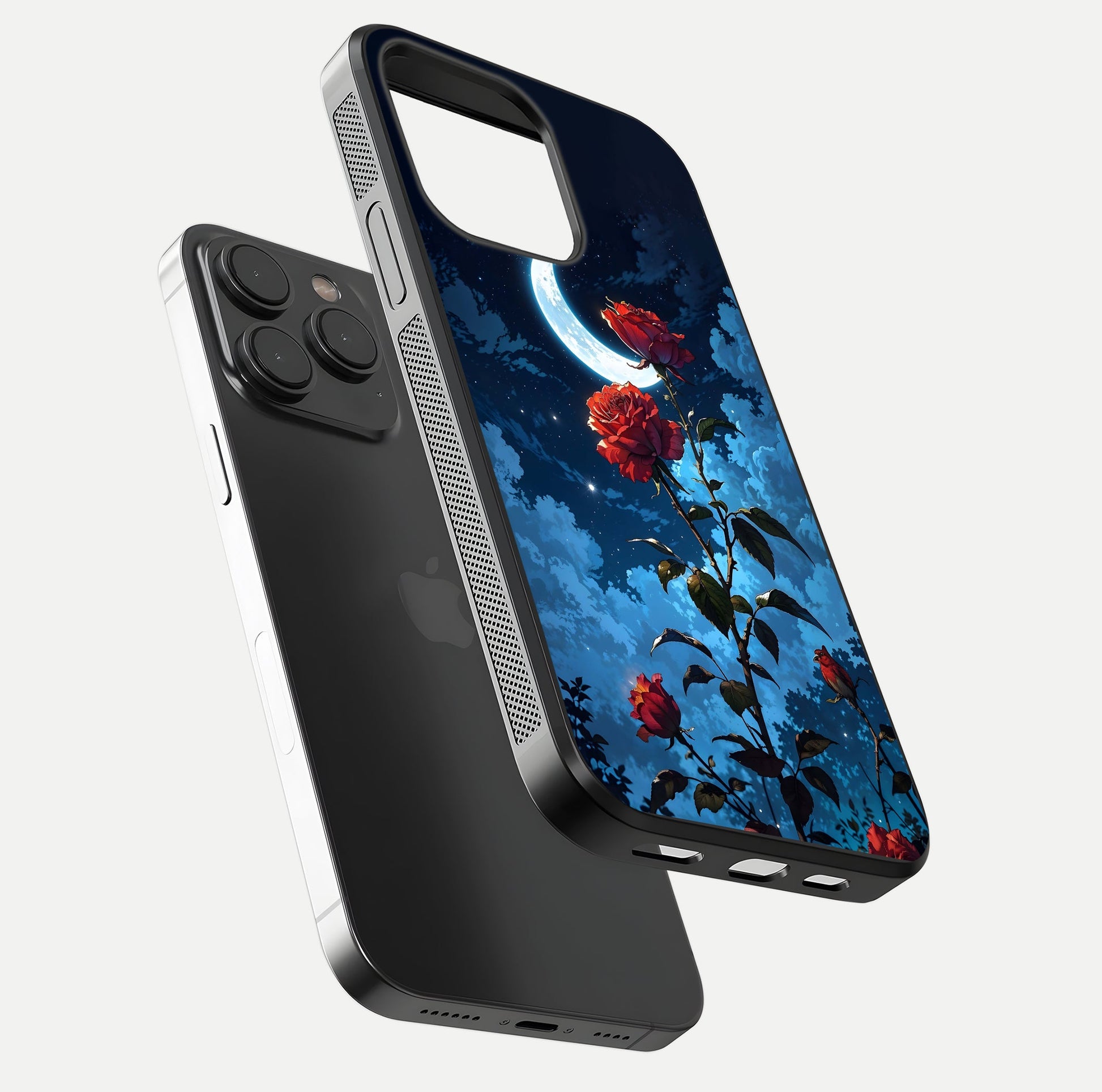 Crimson Rose Moon Glass Case for iPhone 15 Pro floating mockup showing HD shine and elegant contrast
