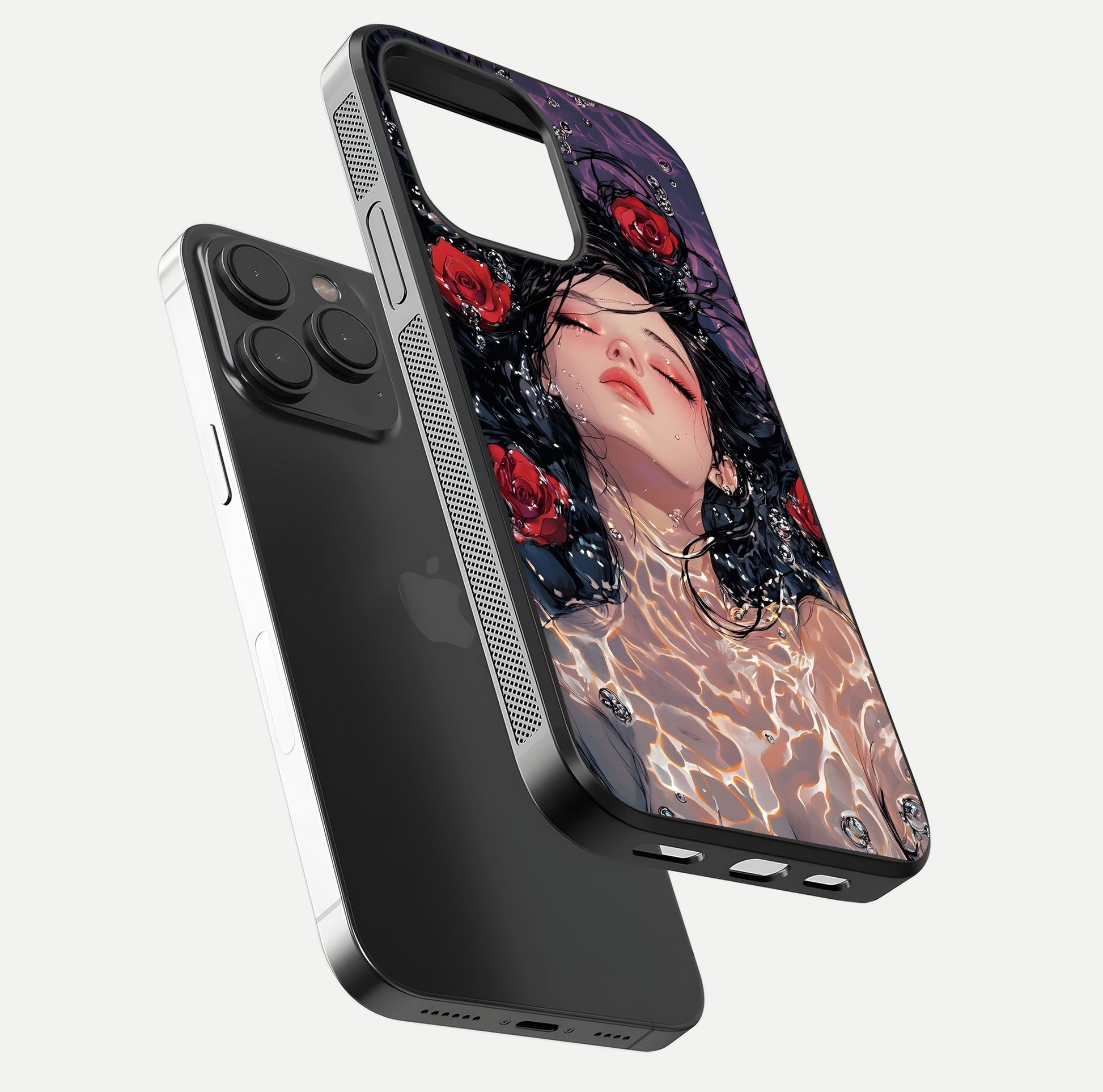 Crimson Rose Serenity Glass Case for iPhone 15 Pro floating mockup showing HD gloss and floral texture