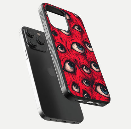 Crimson Watch Eyes Glass Case for iPhone 15 Pro floating mockup showing HD polish and bright gloss