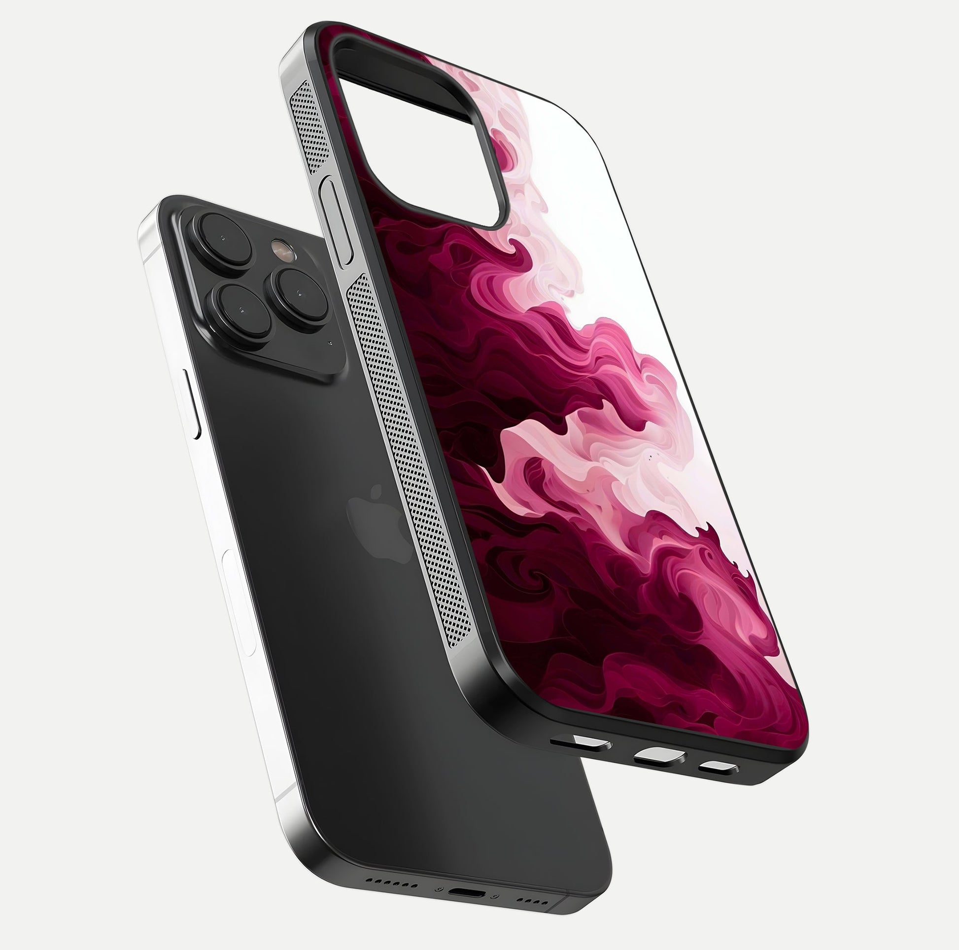 Crimson Wave Flow Glass Case for iPhone 15 Pro floating mockup showing gloss shine and smooth edge