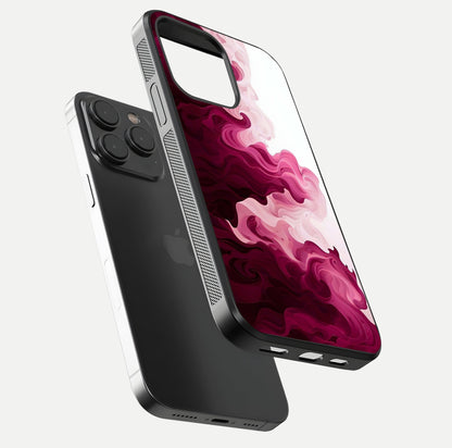 Crimson Wave Flow Glass Case for iPhone 15 Pro floating mockup showing gloss shine and smooth edge