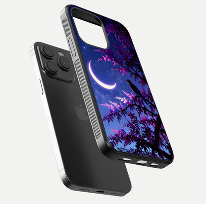 Crow & Moon Scenery Glass Case for iPhone 15 Pro floating mockup showing HD gloss texture and soft moonlight glow