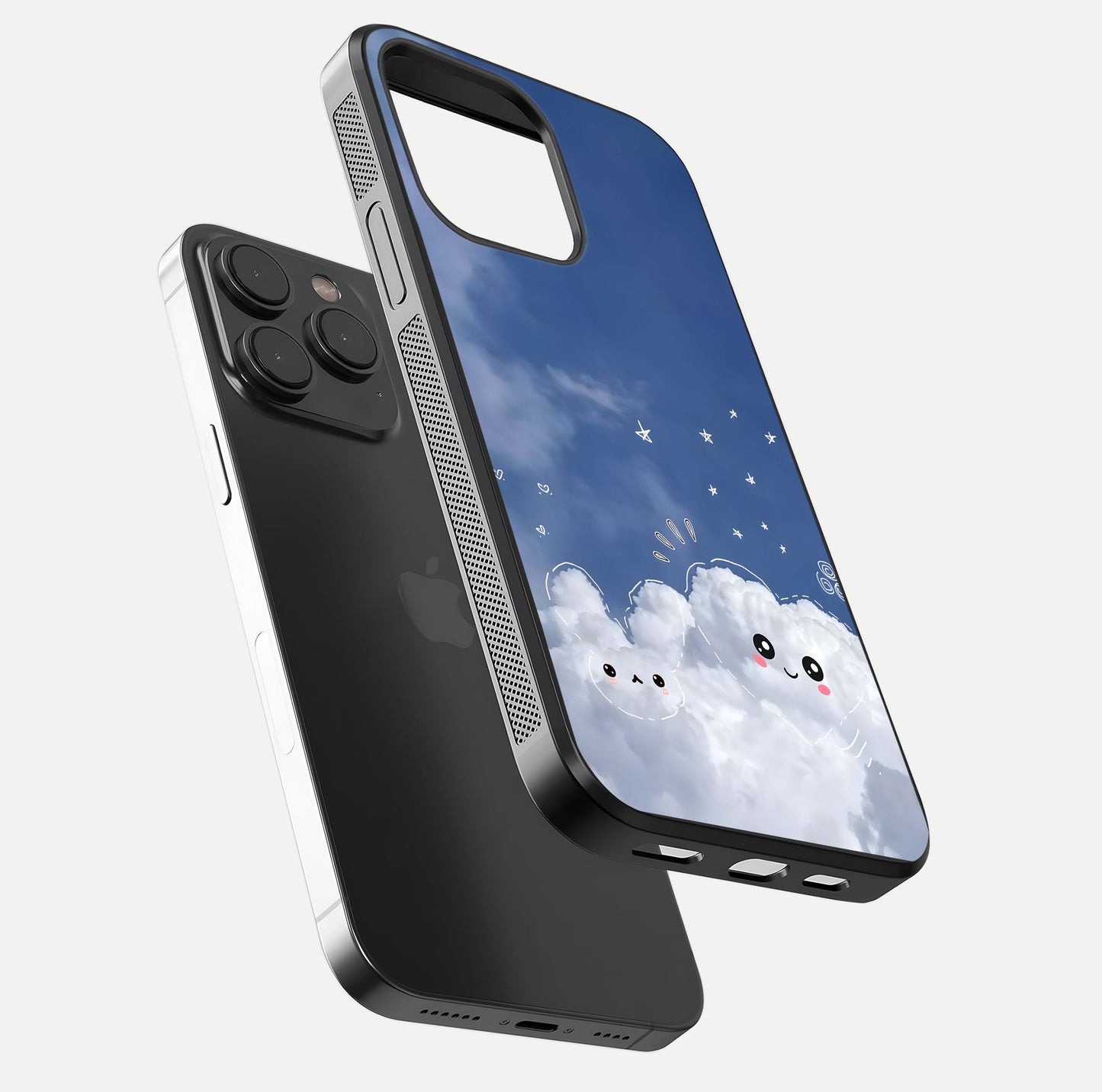 Cute Blossom Cloud Glass Case for iPhone 15 Pro floating mockup showing HD shine and soft gradient finish