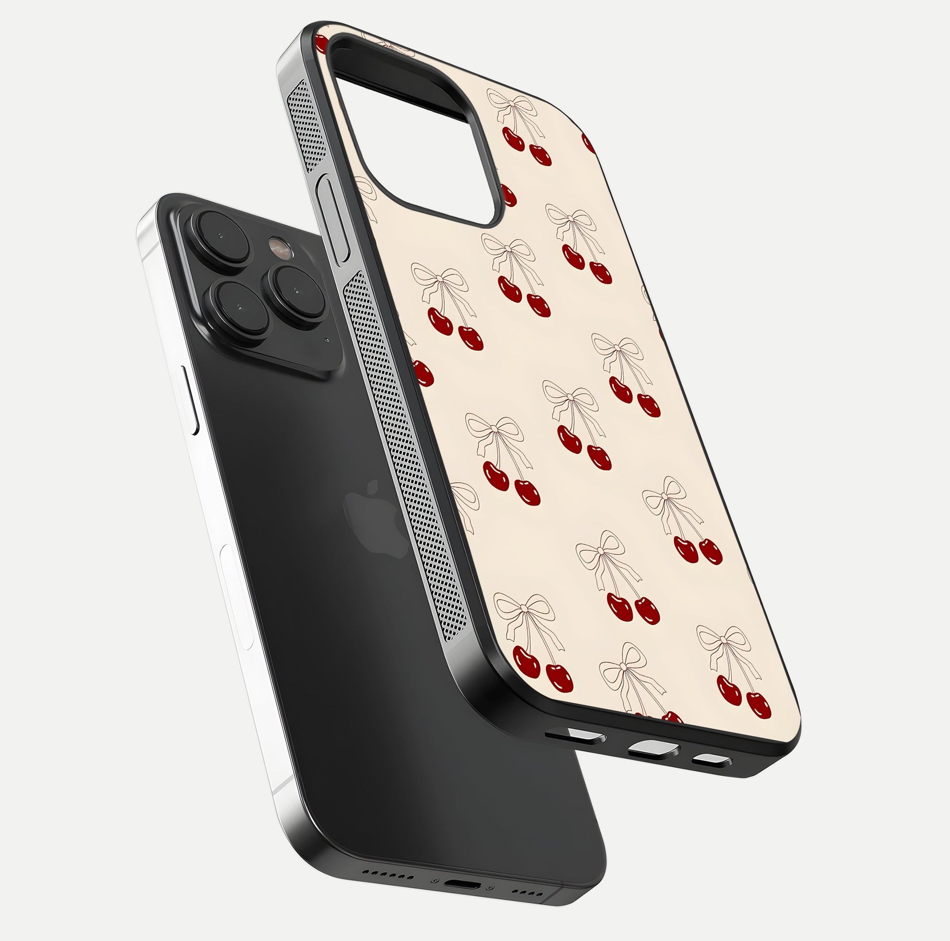 Cute Cherry Pattern Glass Case for iPhone 15 Pro floating mockup showing HD gloss shine and clear tones