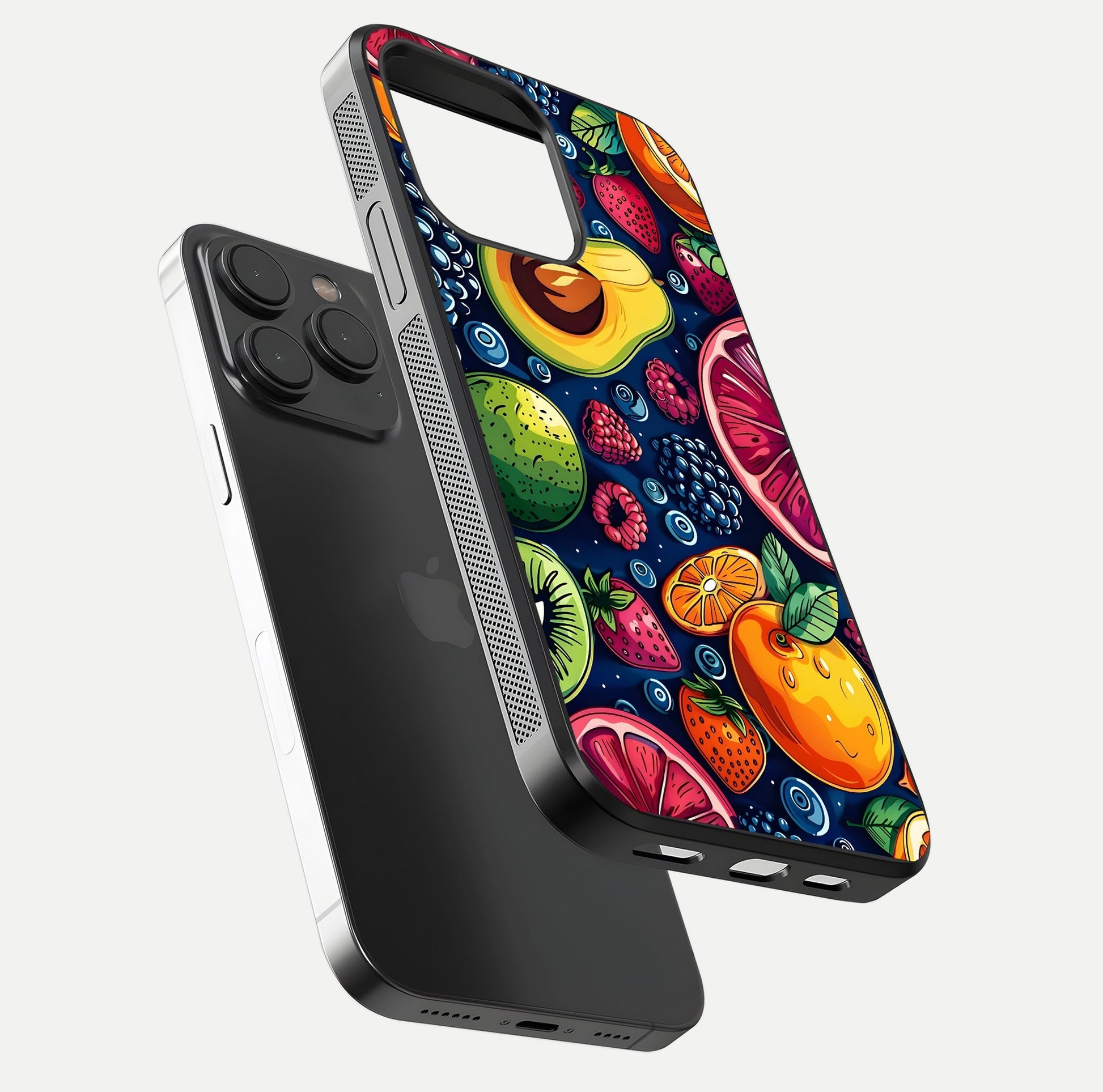 Cute Fruits Art Glass Case for iPhone 15 Pro floating mockup showing gloss brightness and vivid artwork