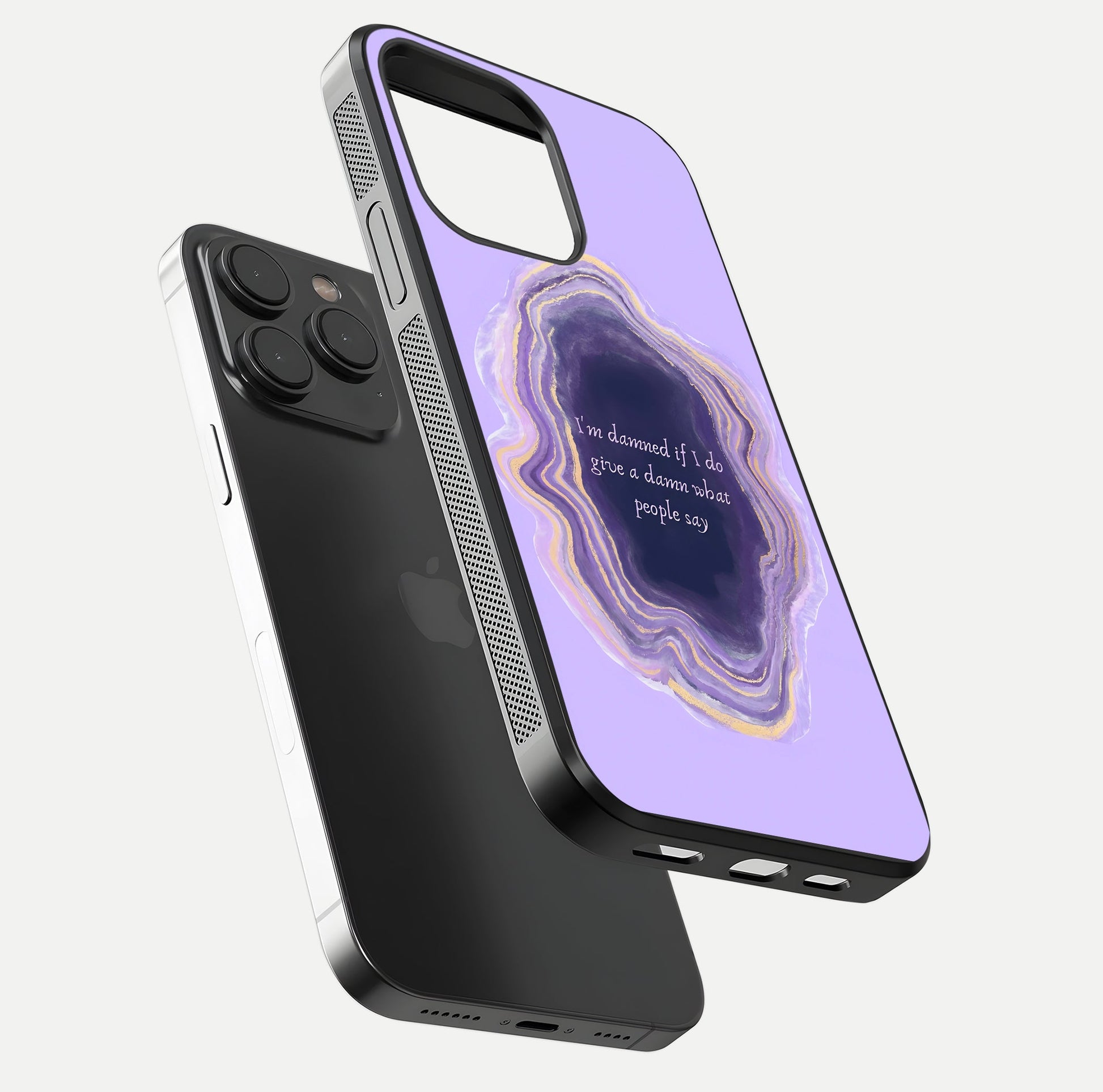 Damned People Quote Glass Case for iPhone 15 Pro floating mockup showing gloss reflection and text balance