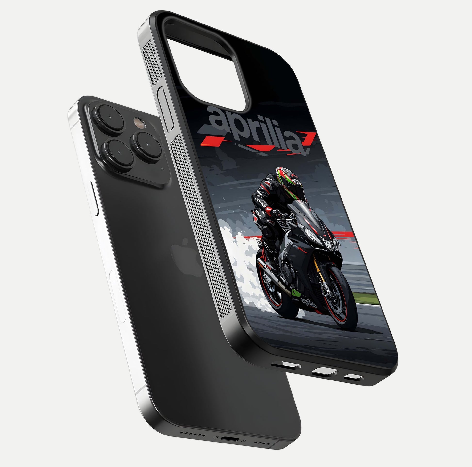 Dark Aprilla Glass Case for iPhone 15 Pro floating mockup showing glossy contrast and texture clarity
