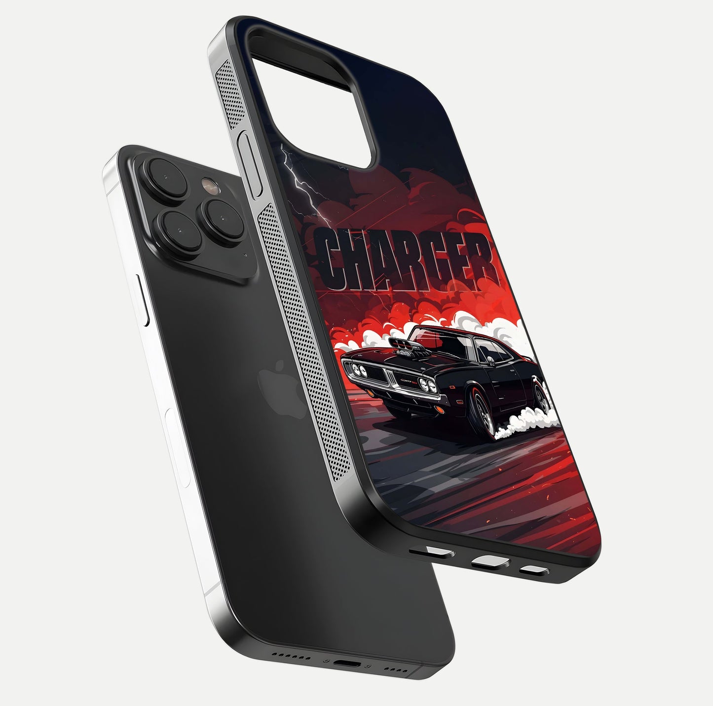 Dark Charger Fury Glass Case for iPhone 15 Pro floating mockup showing reflection depth and shiny surface