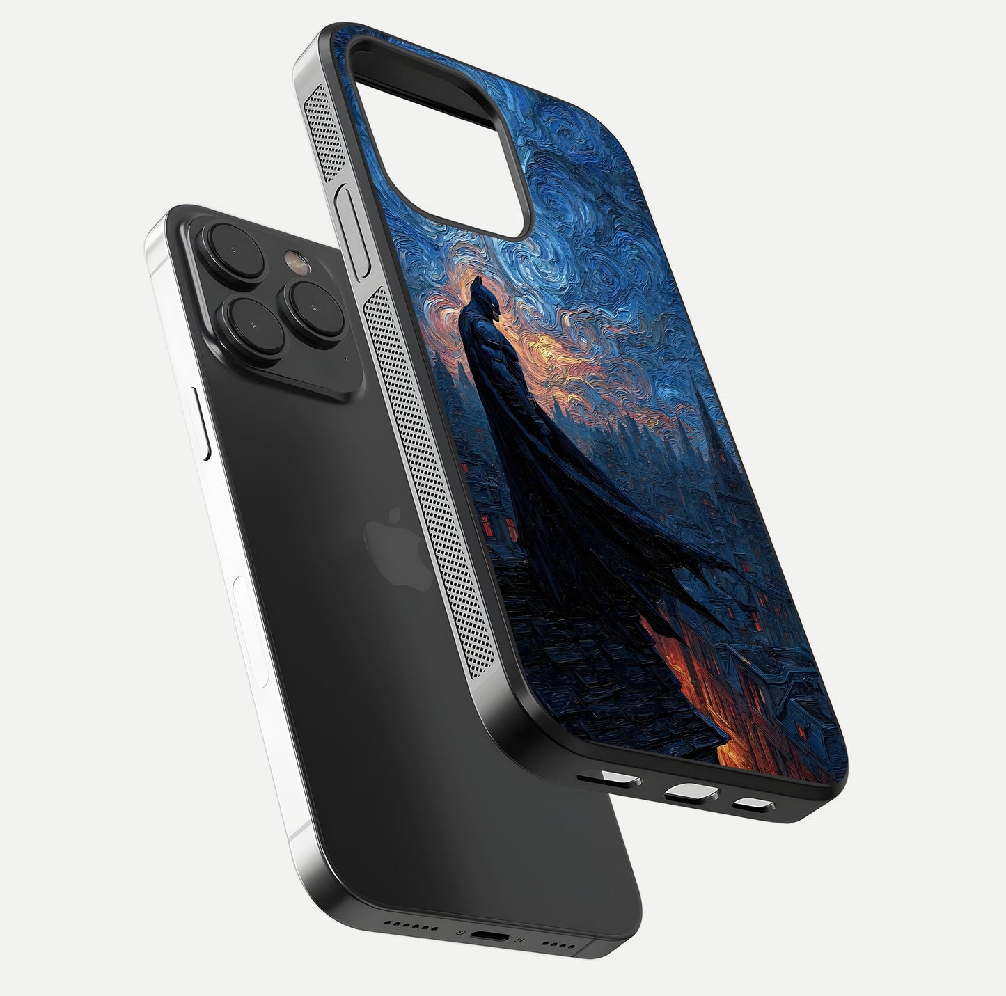 Dark Knight Dusk Glass Case for iPhone 15 Pro floating mockup showing glossy depth and cinematic lighting