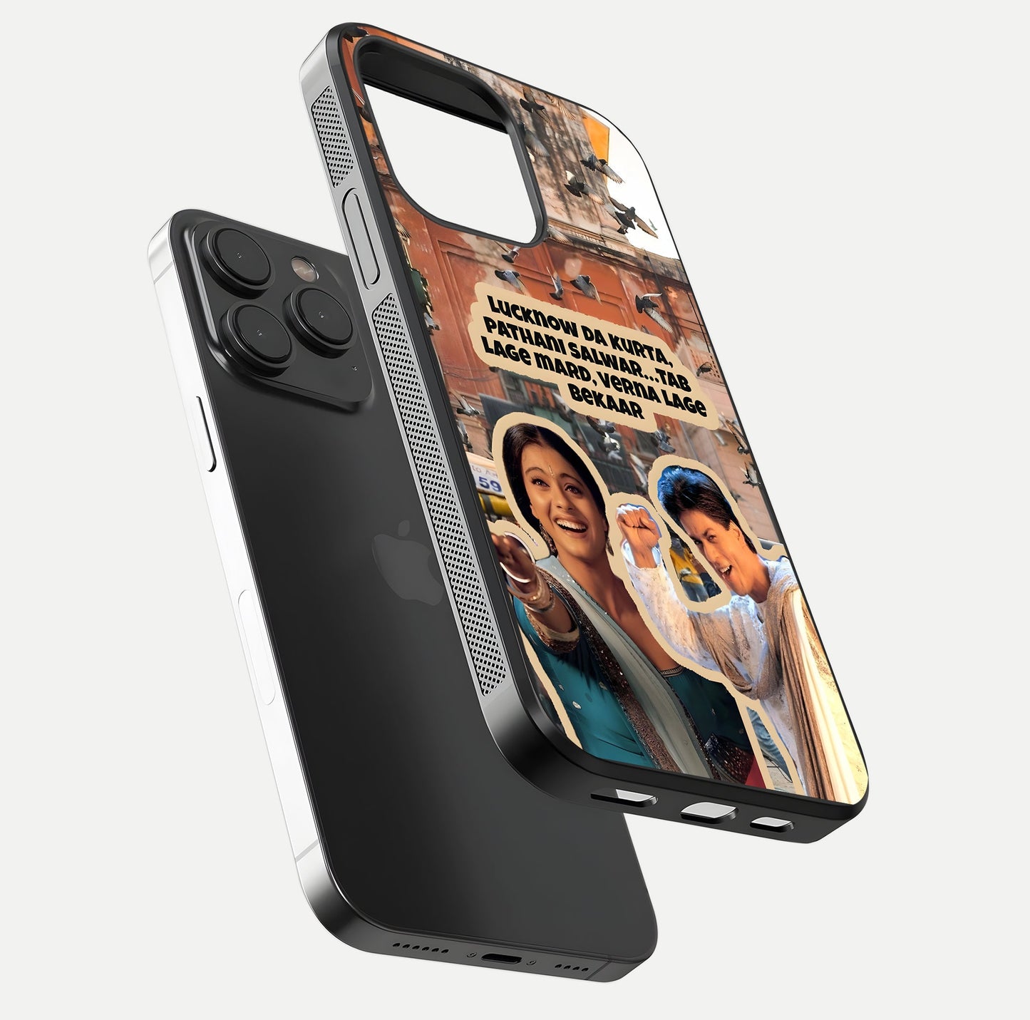 Desi Retro Vibes Glass Case for iPhone 15 Pro floating mockup showing shine polish and vivid tones