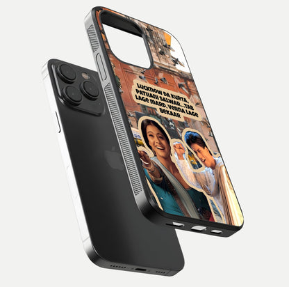 Desi Retro Vibes Glass Case for iPhone 15 Pro floating mockup showing shine polish and vivid tones