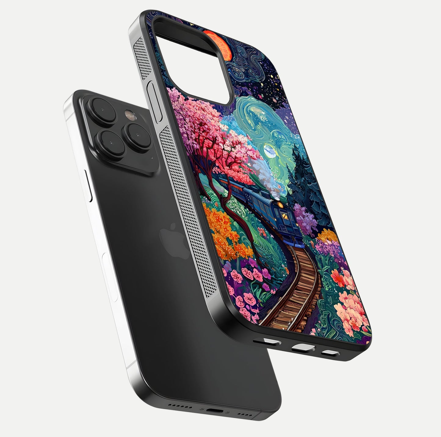 Digital Art Glass Case for iPhone 15 Pro floating mockup showing HD gloss and smooth reflection