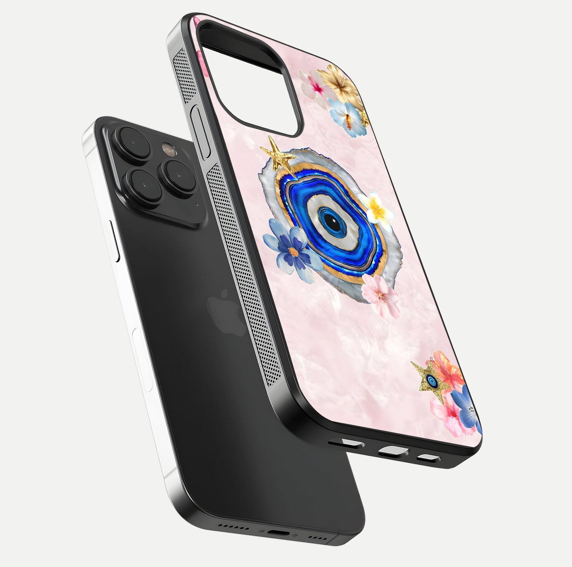 Divine Aura Bloom Glass Case for iPhone 15 Pro floating mockup showing gloss texture and elegant design