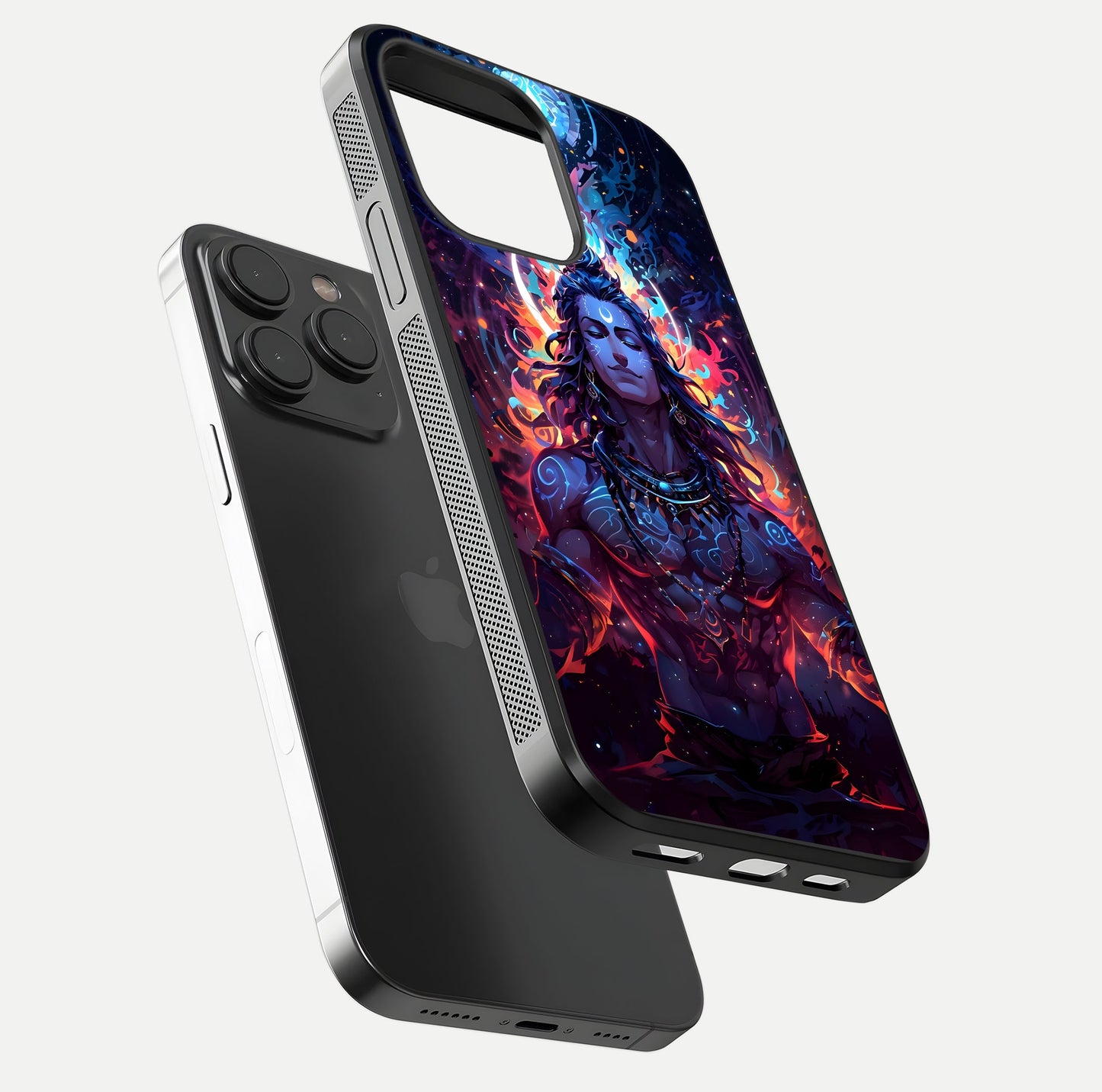 Divine Fire Shiv Glass Case for iPhone 15 Pro floating mockup showing glow texture and gloss finish