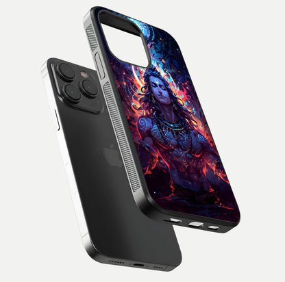 Divine Fire Shiv Glass Case for iPhone 15 Pro floating mockup showing glow texture and gloss finish