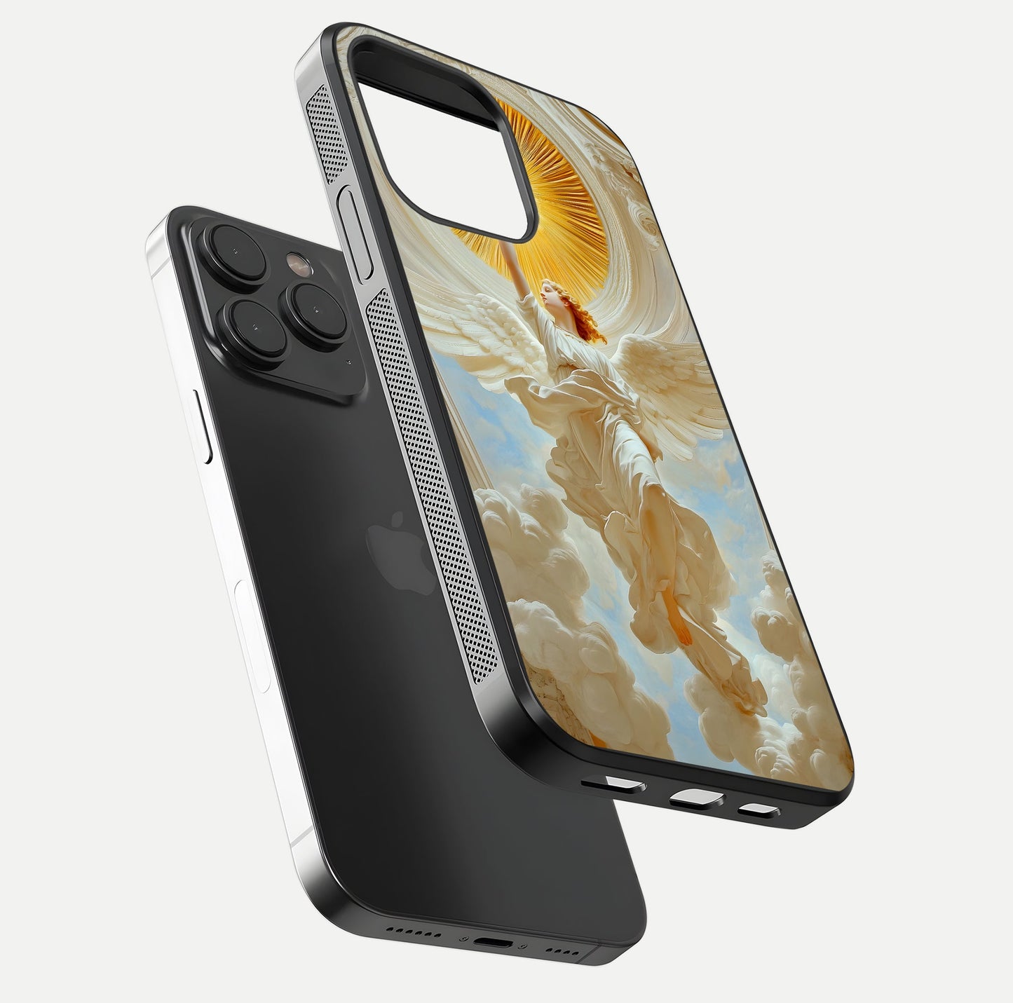 Divine Light Angel Glass Case for iPhone 15 Pro floating mockup showing gloss texture and radiant light