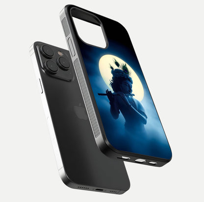 Divine Moon Flute Glass Case for iPhone 15 Pro floating mockup showing HD gloss and luminous texture