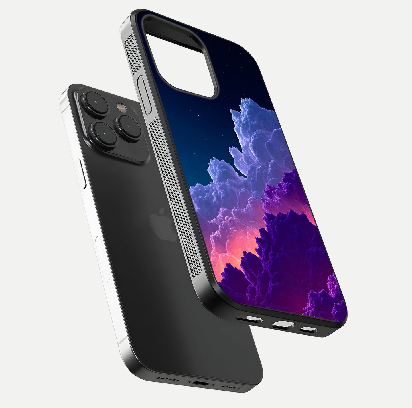 Dreamy Cloud Skies Glass Case for iPhone 15 Pro floating mockup showing glossy depth and delicate tone
