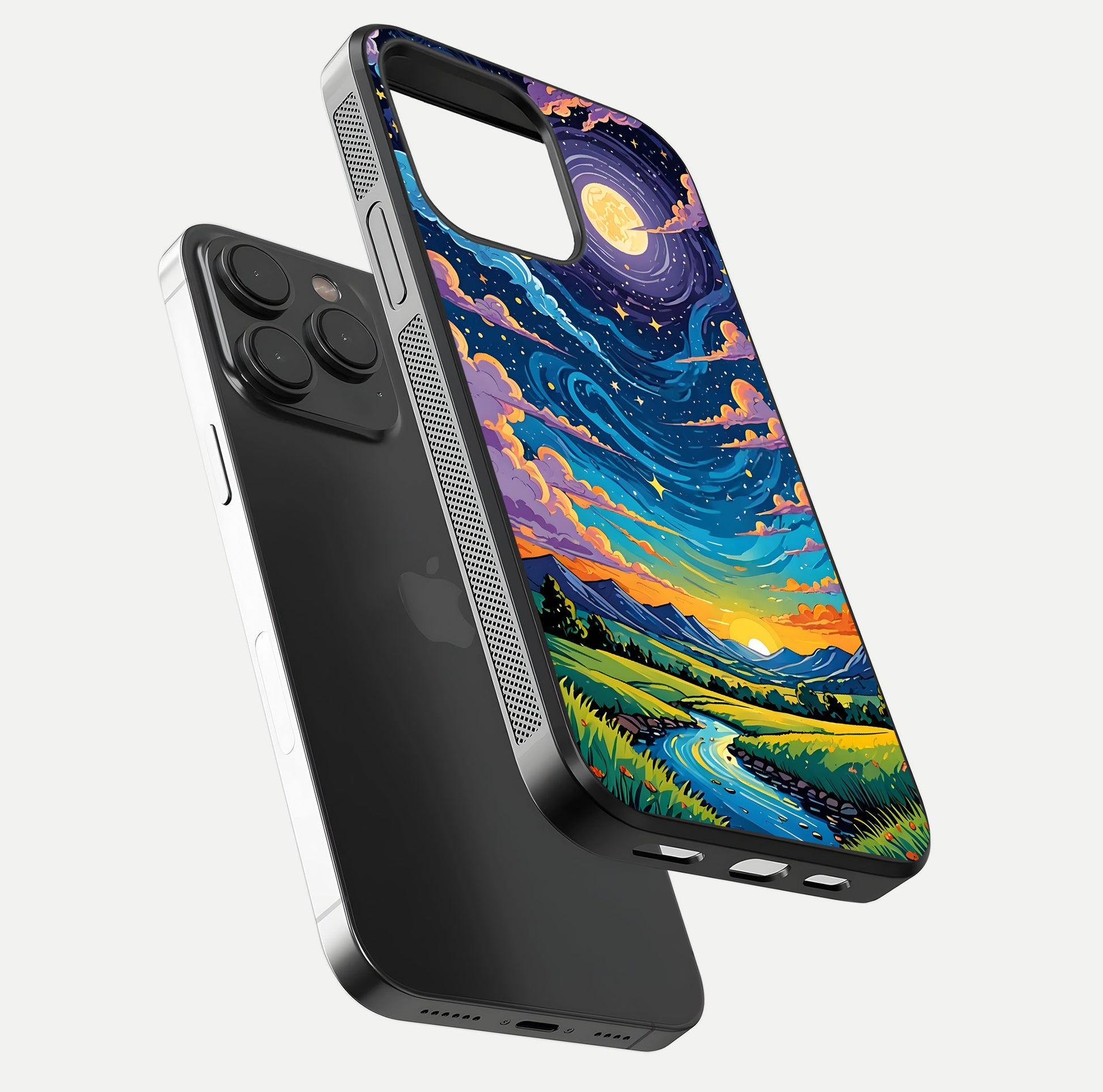 Dreamy Night Landscape Glass Case for iPhone 15 Pro floating mockup showing glossy depth and serene color
