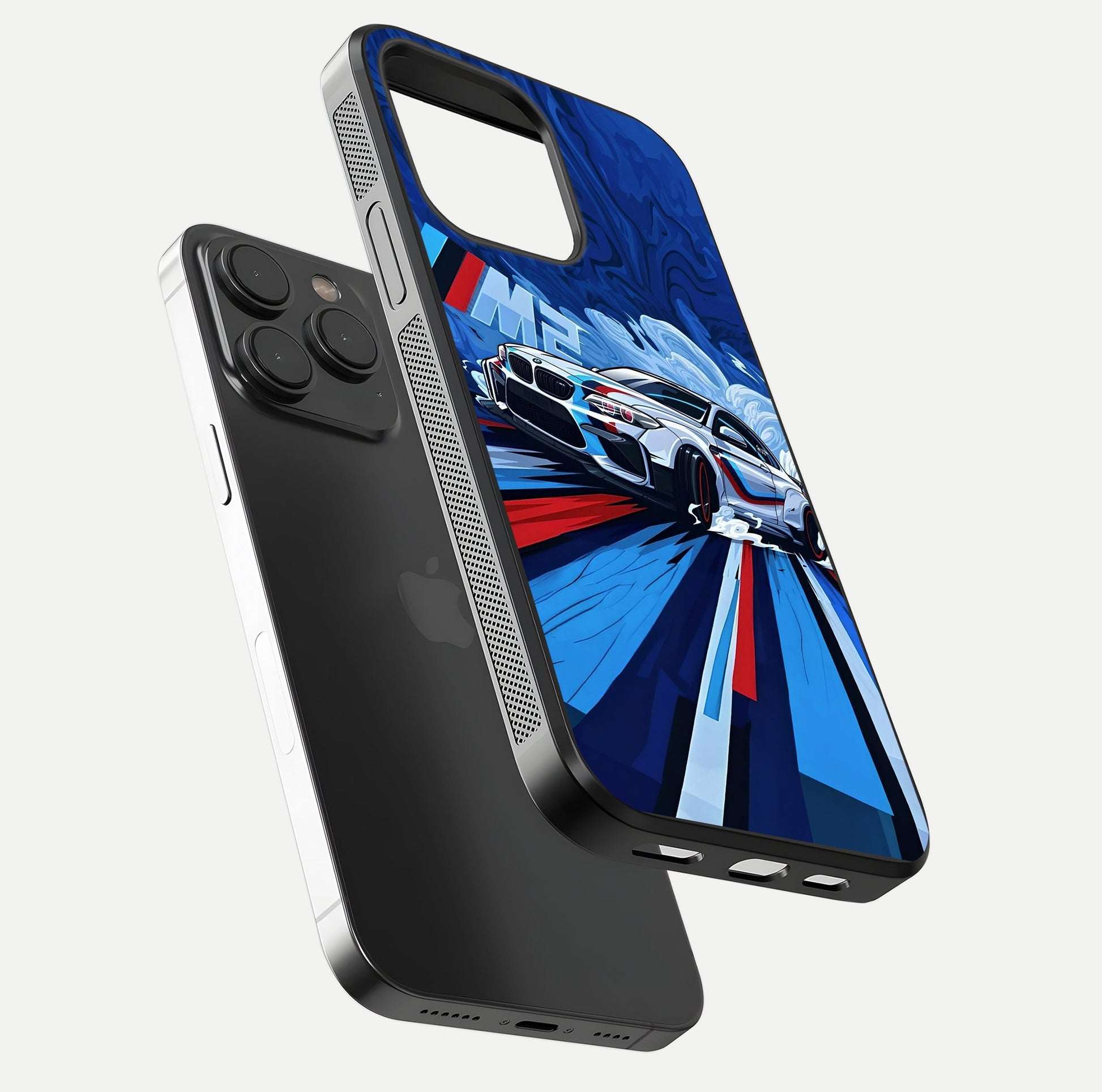Drift Power Rush Glass Case for iPhone 15 Pro floating mockup showing gloss polish and speed-theme design