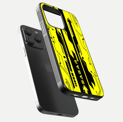 Electric Pulse CYBERPUNK Custom Name Glass Case for iPhone 15 Pro floating mockup showing HD gloss and vibrant cyberpunk glow
