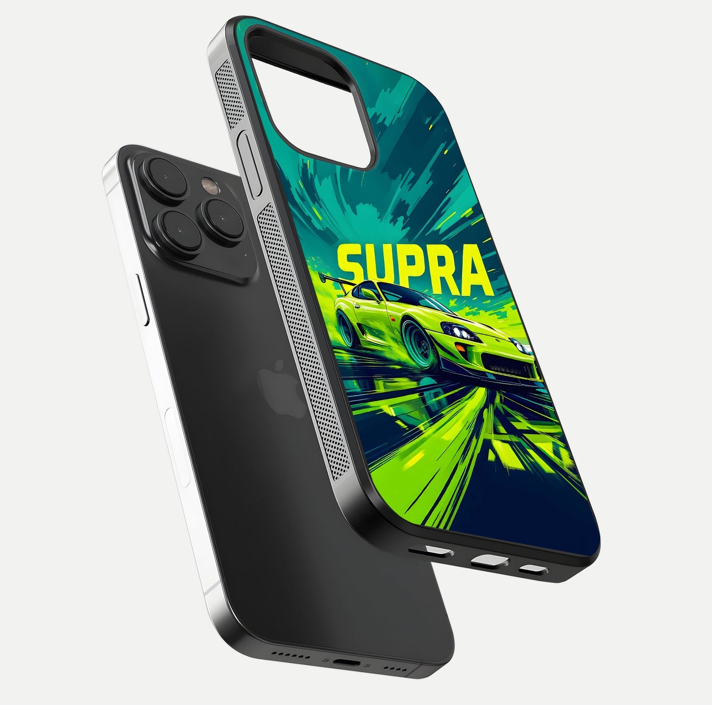 Electric Supra Thunder Glass Case for iPhone 15 Pro floating mockup showing gloss depth and energy glow