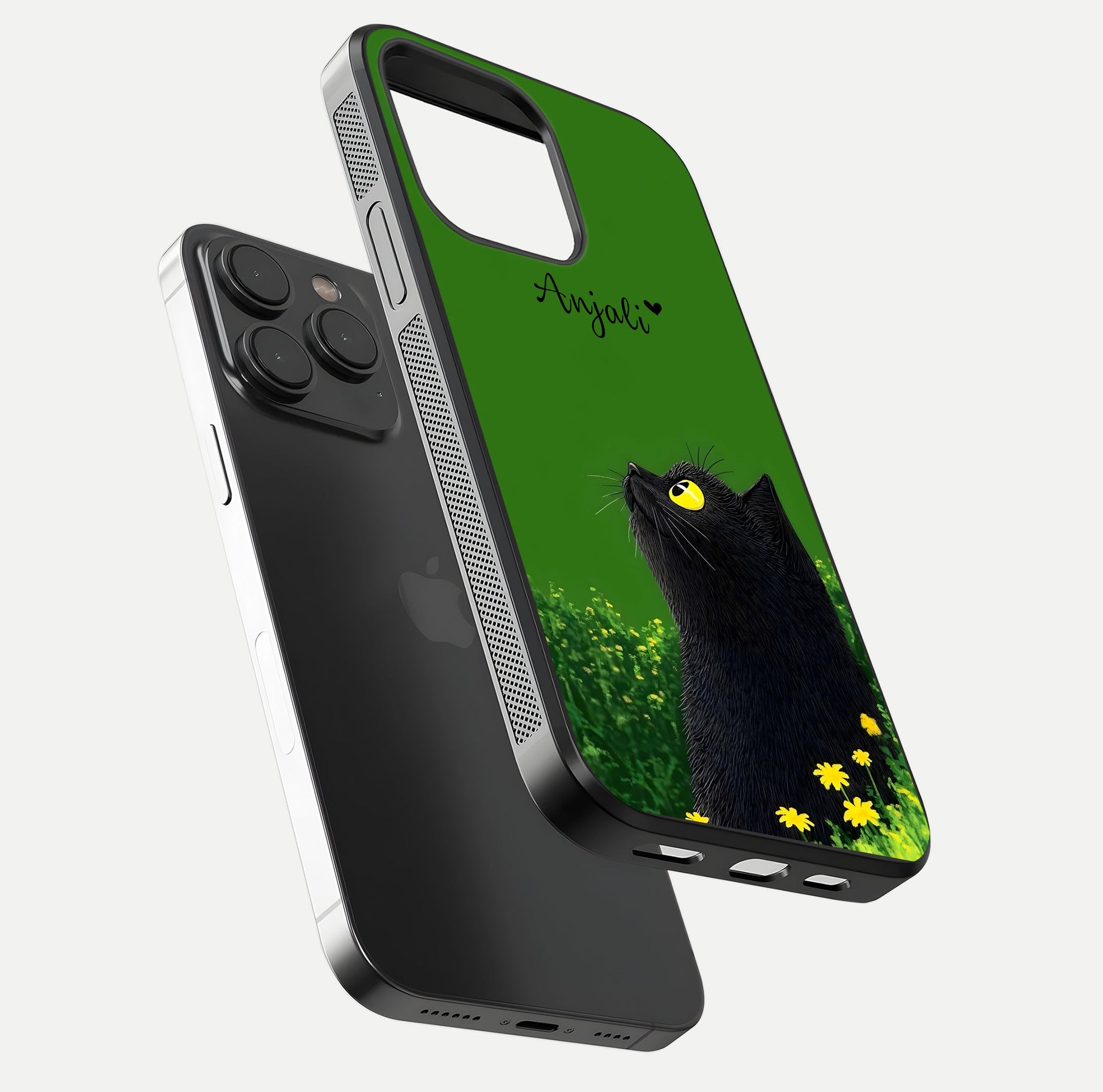 Emerald Cat Custom Name Glass Case for iPhone 15 Pro floating mockup showing HD gloss and soft gradient